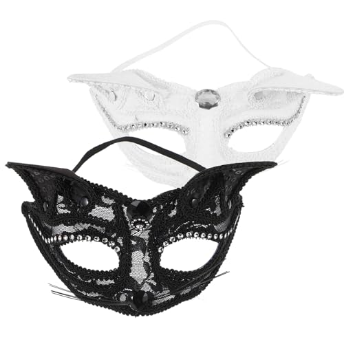 DEARMAMY Katze-Maskerade-Maske 2 Stück Venezianische Fuchs-Halbgesichtsmaske Spitzen-Augenmaske Mit Perlen Tier-Cosplay-Maske Für Halloween Karneval Ball Party von DEARMAMY