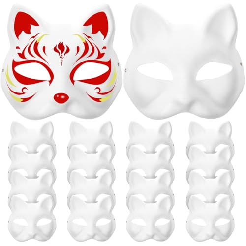 DEARMAMY Katzenmasken: 20 Stück Katzenmasken Weißes Papier Blanko Handbemalte Masken Halloween Maskerade Kostüm Cosplay-Zubehör von DEARMAMY