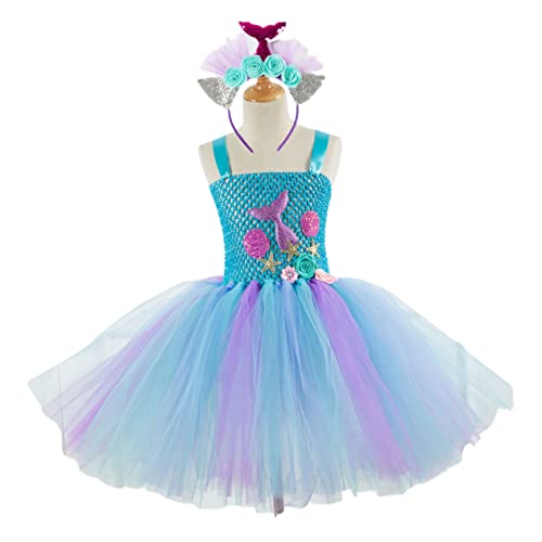 DEARMAMY ädchen Tutu Kleid Im Meerjungfrauen Stil Cosplay Kostü Für Partys Und Geburtstage Inklusive Haaraccessoire Größe 8 9 Jahre SX HD93430 von DEARMAMY