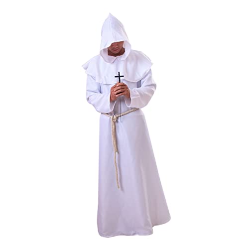 DEARMAMY Mittelalterliche önchsrobe Mit Kapuze Für Halloween Cosplay Kostü Für Priester Und Zauberer Größe XL Weiße Robe Größe 130 180 von DEARMAMY