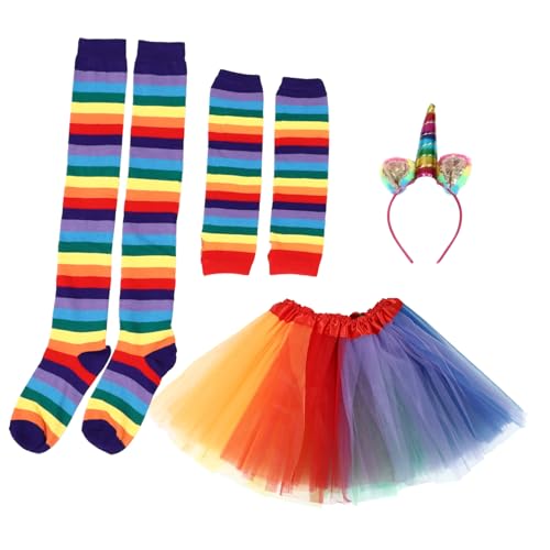 DEARMAMY Regenbogen Tutu Kleid Set Für Buntes Tüllkleid Mit Rüsche Inklusive Handschuhe Socken Und Haarband Perfekt Für Fotoshootings Partys Und Kostüme von DEARMAMY