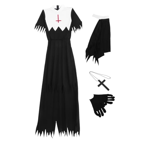 DEARMAMY Schreckliches Nonne-Kostüm Für Erwachsene Untote Schwester-Kostüm Nonne-Hut Nonne-Kragen Kreuzanhänger Halskette Handschuhe Gruseliges Exorzist-Halloween-Outfit Xl von DEARMAMY