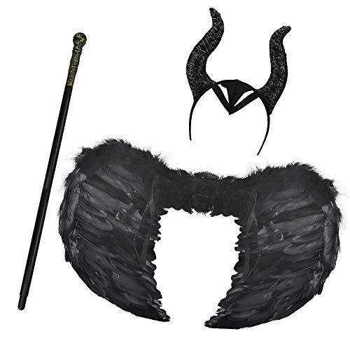 DECARETA Maleficent Kostüm Halloween Flügel Feder Engel Flügel Schwarz Federflügel Hörner Stirnband Cosplay Kostüm Böse Kopfbedeckung Hut Stirnband Kopfschmuck mit Spazierstock für Damen Kinder von DECARETA