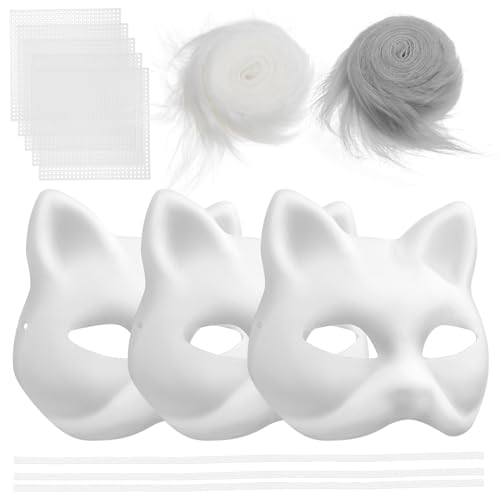 DECHOUS Katzenmasken-Set Mit Fellen Und Augennetzen 3 Stück Weiße Therian-Masken Leere Tier-Papiermasken Zum Bemalen Diy-Halloween-Katzen- -Set Für Maskerade von DECHOUS