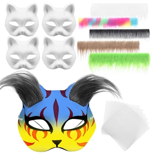 DECHOUS Katzenmasken-Set Mit Fellen Und Augennetzen 5 Stück Weiße Therian-Masken Leere Tier-Papiermasken Zum Bemalen Diy-Halloween-Katzen- -Set Für Maskerade Cosplay-Party von DECHOUS