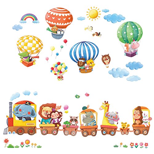 Decowall DA-1406 Zug und Heißluftballons Autos Flugzeuge Tiere Wandtattoo Wandsticker Wandaufkleber Wanddeko für Wohnzimmer Schlafzimmer Kinderzimmer von DECOWALL