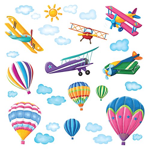 Decowall DW-1301 6 Heißluftballons und 5 Doppeldecker Flugzeuge im Himmel Wandtattoo Wandsticker Wandaufkleber Wanddeko für Wohnzimmer Schlafzimmer Kinderzimmer von DECOWALL