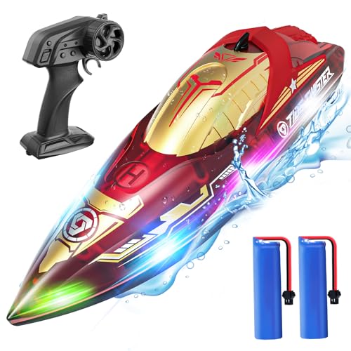 DEERC LED Lichter DE819 Ferngesteuertes RC Boot, 2.4Ghz Vollmaßstab RC Pool Rennboot, 80 Minuten Laufzeit, Kenterungswiederherstellung, Spielzeug Geschenk für Kinder ab 8 Jahren für Pools und Seen von DEERC