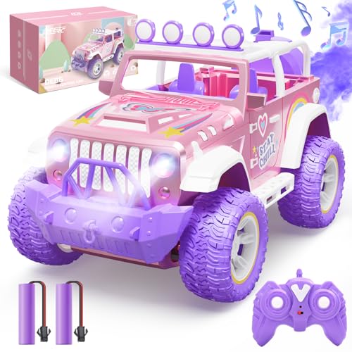 DEERC Pink Ferngesteuertes Auto für Mädchen mit Nebel und Musik, 1:16 RC Auto mit LED-Lichtern für Kinder, All-Terrain SUV Truck Geschenke, Geländewagen Spielzeugauto, Mädchen Spielzeug DE86-PI-DE4 von DEERC