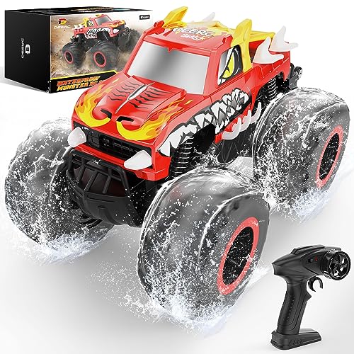 DEERC Amphibisches Ferngesteuertes Auto 1:16, 4WD Off-Road Monster Trucks in Feuer-Drache-Optik mit 2 Akkus für Land und Wasser, 360 Grad Drehbares 6,7,8,9,10 + Jahre Kindergeschenke von DEERC