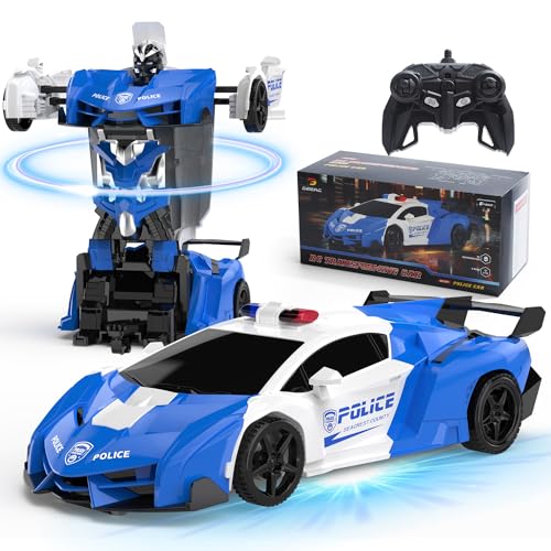 DEERC Ferngesteuertes Auto Transformator Spielzeug für Kinder ab 6 7 8 9 10 Jahre, 2 -in-1 Transform Roboter Spielzeug, EIN-Knopf-Verformung & 360° rotierendes Driften für Kinder Jungen, Blau von DEERC