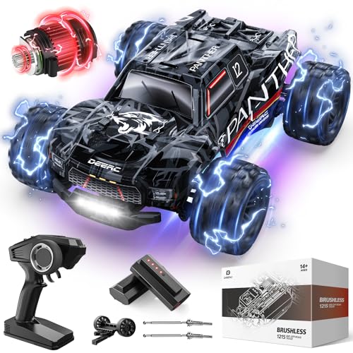 DEERC Ferngesteuertes Auto 1:14 Bürstenloser Motor 75 km/h 4WD RC Monstertruck mit Farbiges Licht, 2 Akku, 2.4-GHz All-Terrain Rennauto, Crawler Spielzeug Geschenk für Kinder von DEERC