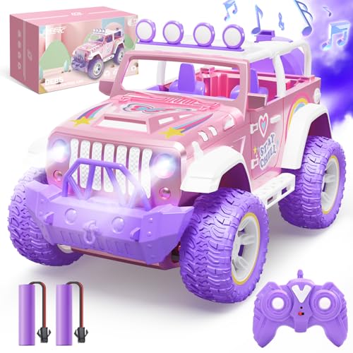 DEERC Rosa ferngesteuertes Auto für Mädchen mit Nebel und Musik, 1:16 RC Auto mit LED-Leuchten für Kinder, 2,4 GHz All Terrain SUV LKW Geschenke, Rennfahrzeug Geländewagen Spielzeug Auto, Spielen von DEERC