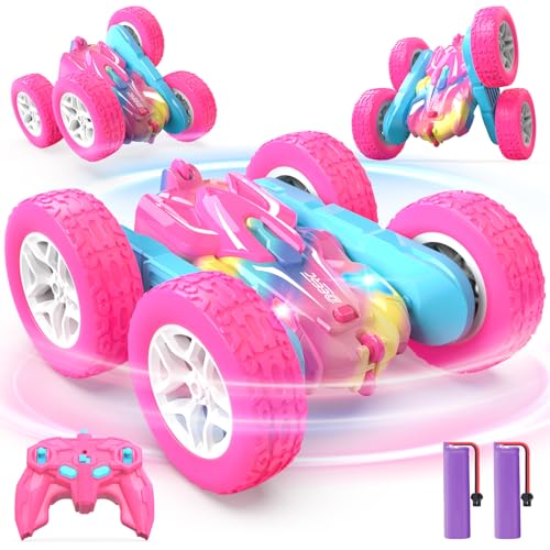 DEERC Pink Fernsteuerungs Auto für Kinder mit Buntem Licht, RC Stunt Autos, 360° drehendes RC Stunt Auto 4WD RC Spielzeugautos für Kinder von 5-7 Jahren, Geschenk für Mädchen im Alter von 6-12 Jahren von DEERC