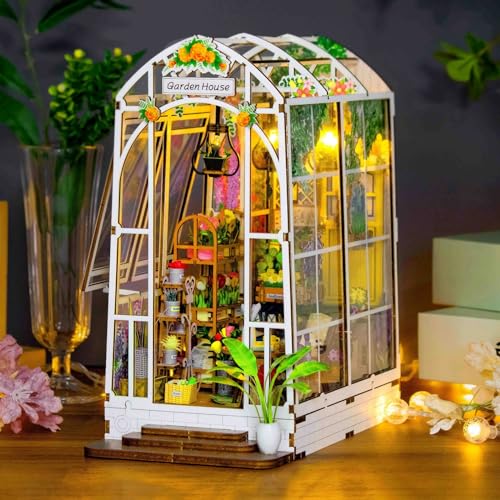 DEESOSPRO DIY Book Nook Kit, Puppenhäuser Miniatur Haus Kit, 3D Puzzle Holzpuzzle Bücherecke Bücherregal Dekor Kreativität Modellbausätze mit LED Licht, Diorama Modelbau für Erwachsene, Gartenhaus von DEESOSPRO