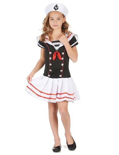 DEGUISE TOI - Maritimes Kostüm Schwarz und Weiß Mädchen - Kleid - Hut - S 4-6 Jahre (110-120 cm) - Bunt - Kinderkostüme - 100 % Polyester - Handarbeit - Karneval von DEGUISE TOI