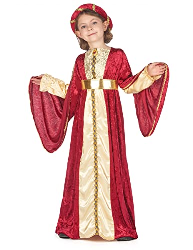 VEGAOO - Mittelalter-Königin Mädchenkostüm rot-goldfarben -Kleid -Kopfschmuck -Gürtel - 122/134 (7-9 Jahre) - Rot - Kostüme für Kinder - 100% Polyester - Carnaval von DEGUISE TOI