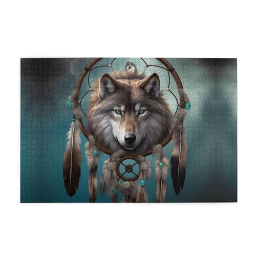 3D Wolf Traumfänger Druck 1000 Teile Puzzle Premium Holzpuzzle Geschenke Für Erwachsene Familie Hochzeit Abschluss Geschenk Vertikale Version von DEHIWI