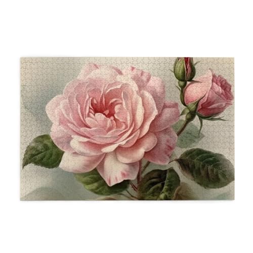 Vintage Pink Rose Print 1000 Teile Puzzle Premium Holz Puzzle Geschenke Für Erwachsene Familie Hochzeit Abschluss Geschenk Vertikale Version von DEHIWI