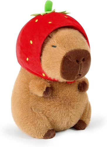 DEJIN Niedliches Kapibara-Plüsch, gefülltes Kapibara-Stofftier, weiches Kapibara-Plüschspielzeug, Kapibara-Puppenkissen. Zum Geburtstag für Kinder geeignet（9 inch） (Strawberry Capybara) von DEJIN