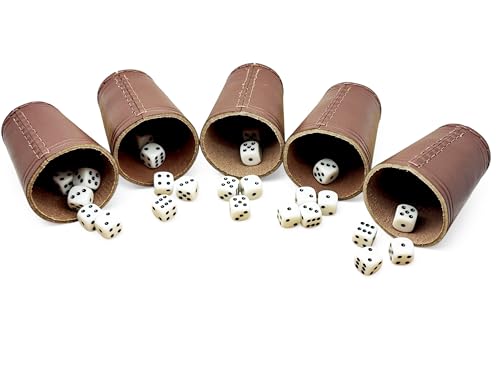 Würfelbecher Leder | 5er Set mit 30 Würfeln (16mm) | Handgefertigte Premium Echtleder Becher Braun (9cm x 7cm) von DELALO