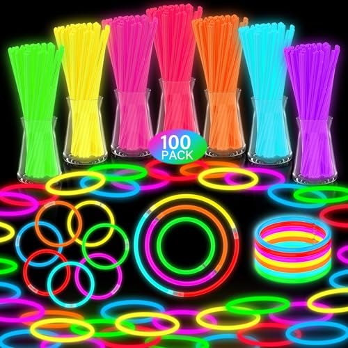 DELEE Knicklichter, Leuchtstäbe Knicklichter Party Set,100 Glow Neon dunkle Party Supplies für Kinder,Party schwarzlicht deko,Hochzeit,Halloween Dekorationen, Leuchtketten und Armbänder von DELEE