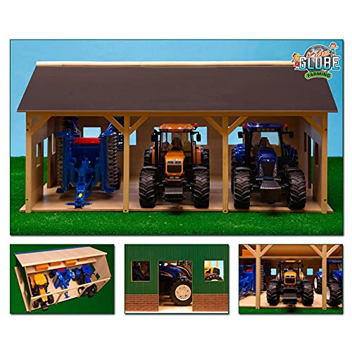 DEMA Kids Globe Spielzeug Holz Bauernhof Schuppen Garage für 3 Traktoren Traktor 78x55x38 cm von DEMA