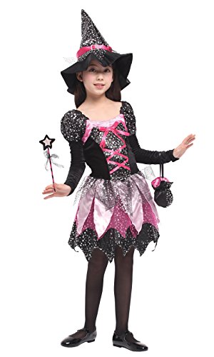 DEMU Hexenkostüm für Kinder Mädchen Halloween Kostüm Hexenkleid mit Hexenhut M(110-120) von DEMU