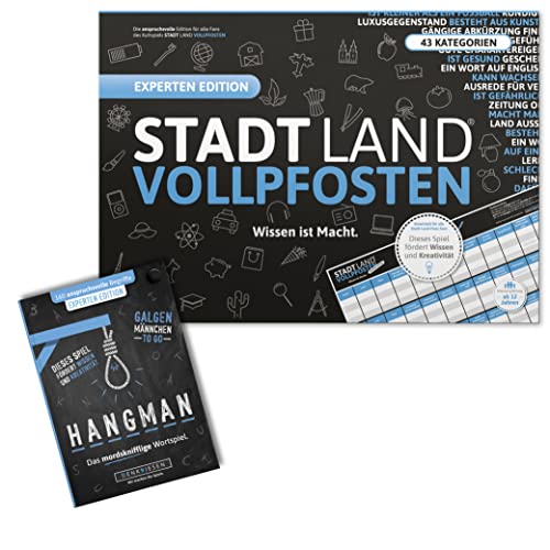 DENKRIESEN - Experten Duo – Stadt Land VOLLPFOSTEN® Experten Edition + Hangman Experten Edition | Kniffliges Spielblock-Set mit 43 Kategorien & 160 Begriffen | Denkspiel & Partyspiel | Geschenkidee von DENKRIESEN