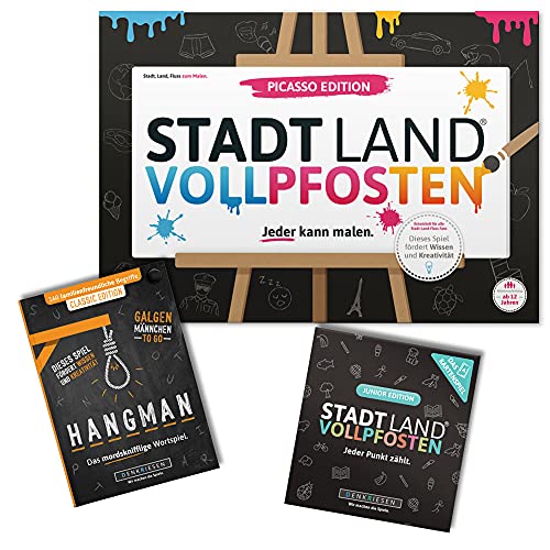 DENKRIESEN - Family-Pack 2 - Stadt Land VOLLPFOSTEN® Picasso Edition + Junior Kartenspiel + Hangman Classic Edition | Kreatives Partyspiel | Familienspiel | Geschenkidee | 3-8 Spieler von DENKRIESEN