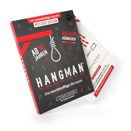 DENKRIESEN - HANGMAN - ROTLICHT EDITION - "Galgenmännchen TO GO" | Spielblock | Partyspiel | Ostergeschenk | Geschenkidee | Reisespiel | Wortspiel | Rätselblock - Spiel ab 2 Personen von DENKRIESEN