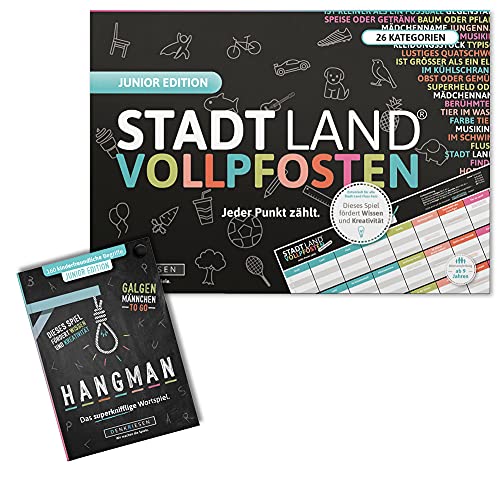 DENKRIESEN - Junior Duo 2 – Stadt-Land VOLLPFOSTEN Junior Edition + Hangman Junior Edition” | Geburtstagsgeschenk | Familienspiel | Stadt Land Fluss | Kinderspiel von DENKRIESEN