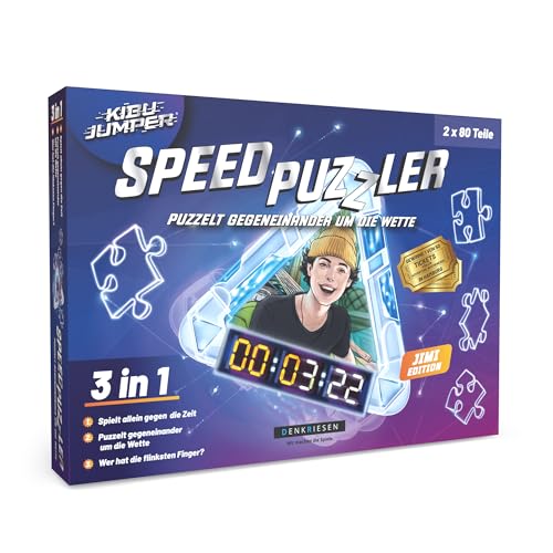 DENKRIESEN KIBU Jumper® Speed Puzzler – Jimi Edition | Rasantes Puzzle-Duell für 1-2 Spieler | 2 x 80-Teile-Puzzle mit App-Anbindung | Geschick & Strategie | Familienspiel ab 6 Jahren von DENKRIESEN