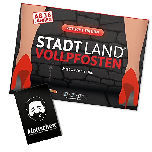 DENKRIESEN Stadt Land VOLLPFOSTEN – ROTLICHT Edition & KLATTSCHEN | Partyspiel ab 16 Jahren | 32 Kategorien | 50 Blatt | DIN A4 | Spezialfelder & ABC-Leiste | Eingeschweißt & originalverpackt von DENKRIESEN