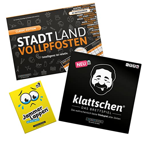 DENKRIESEN - Party Pack - klattschen® das Brettspiel, Jammerlappen und Stadt-Land VOLLPFOSTEN Classic Edition | Partyspiele | Brettspiel | Kartenspiel | Spielblock | Ostergeschenk von DENKRIESEN