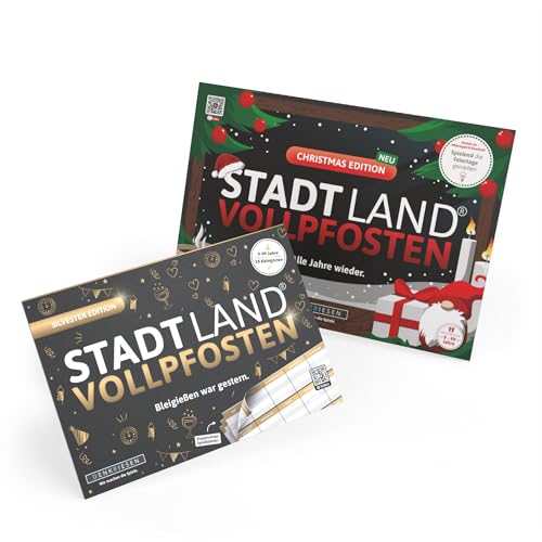 DENKRIESEN - Spar-Set Eve - Stadt Land VOLLPFOSTEN® Silvester Edition A5 + Christmas Edition A4-Block | Partyspiel | Weihnachtsspiel | Familienspiel | ab 2 Personen von DENKRIESEN