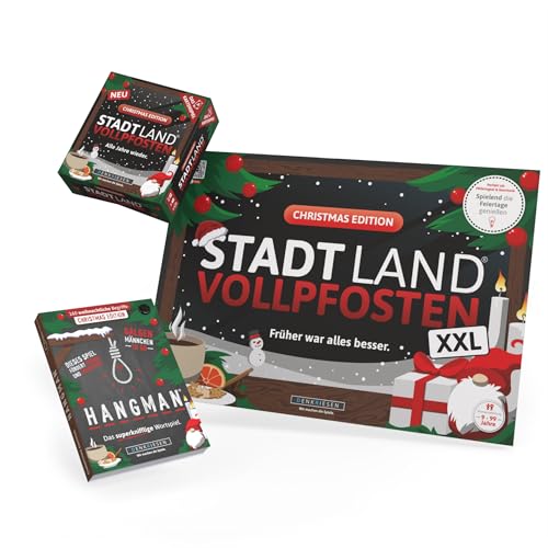 DENKRIESEN - Spar-Set Santa Klaus - Stadt Land VOLLPFOSTEN® Christmas Edition A3 Block + Stadt Land VOLLPFOSTEN® Christmas Edition Kartenspiel + Hangman® Christmas Edition | Weihnachtsspiel von DENKRIESEN