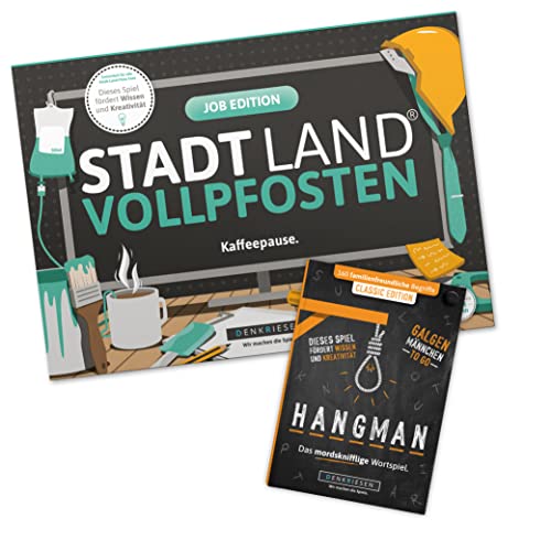 DENKRIESEN - Spar-Set – Stadt Land VOLLPFOSTEN® Job Edition + Hangman Classic Edition | Lustiges Spielblock-Set für Arbeit & Freizeit | Wortspiel & Ratespaß | Geschenkidee für Kollegen & Familie von DENKRIESEN