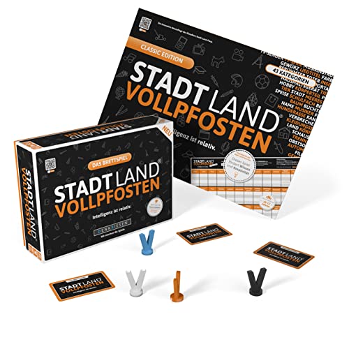 DENKRIESEN - Stadt-Land VOLLPFOSTEN® Brettspiel - Intelligenz ist relativ. + Spielblock Classic Edition von DENKRIESEN