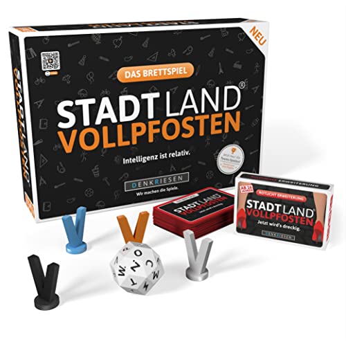 DENKRIESEN - Stadt-Land VOLLPFOSTEN® Brettspiel - Intelligenz ist relativ. | Geschenkidee | ab 4 Spielern | in Teams Spielen (Brettspiel mit Rotlicht Erweiterung) von DENKRIESEN