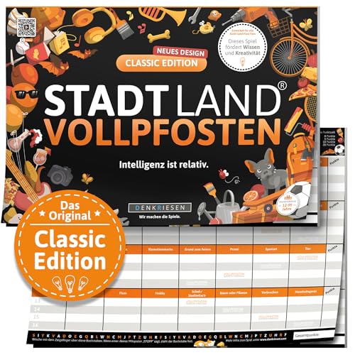 DENKRIESEN - Stadt Land VOLLPFOSTEN® - Classic Edition - 'Intelligenz ist relativ' - A4 | Partyspiel | Familienspiel | Stadt Land Fluss | Spielblock | Geschenkidee | Ostergeschenk von DENKRIESEN