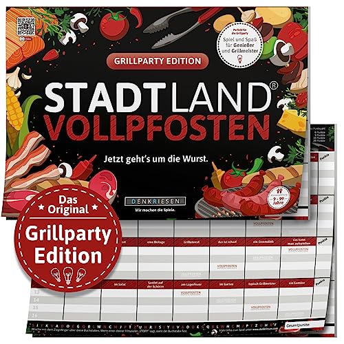 DENKRIESEN - Stadt Land VOLLPFOSTEN® - Grillparty Edition - Jetzt geht's um die Wurst. | Spielblock | Geburtstagsgeschenk | Familienspiel | Stadt Land Fluss von DENKRIESEN