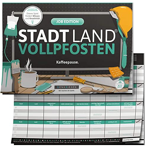 DENKRIESEN - Stadt Land VOLLPFOSTEN® - Job Edition 'Kaffeepause Kollegen' | Spielblock | Stadt Land Fluss | Ostergeschenk | 26 Kategorien | Lustiges Spiel für Freunde und Familie von DENKRIESEN