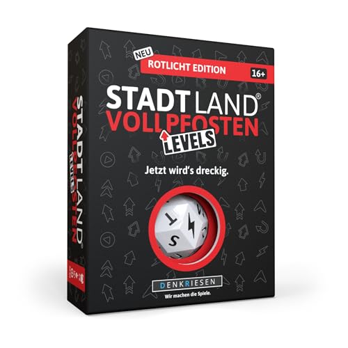 DENKRIESEN - Stadt Land Vollpfosten® Levels – Rotlicht Edition - Jetzt wird's dreckig.' | 60 Karten | Blitzwürfel | ab 16 Jahren | ca. 30-60min | 2-6 Spieler | Party | Reisespiel | Stadt Land Fluss von DENKRIESEN