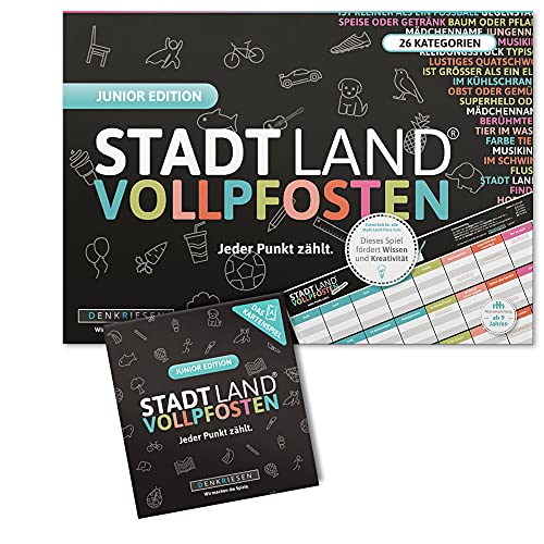 DENKRIESEN - Stadt Land VOLLPFOSTEN® JUNIOR-Duo | Kartenspiel & Spielblock in einem Set | 200 Kategorien | 2-8 Spieler | Ab 8 Jahren Kinder & Familien | Lustiges Partyspiel von DENKRIESEN