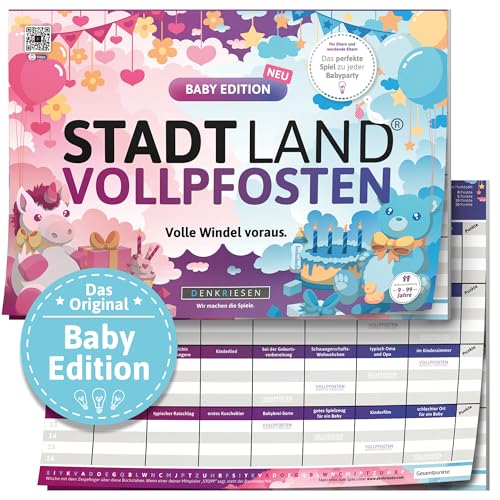 DENKRIESEN - Stadt Land VOLLPFOSTEN® - Baby Edition | DIN A4 Spielblock | Ab 9 Jahren | Stadt Land Fluss | Familienspiel | Ideal für lustige Runden mit der Familie | Perfekt für Baby-Partys von DENKRIESEN