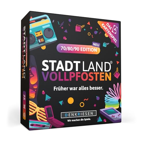 DENKRIESEN Stadt Land Vollpfosten® Das Kartenspiel – 70/80/90 Edition - Ab 8 Jahren - 3-6 Spieler - Familienspiel - Partyspiel von DENKRIESEN