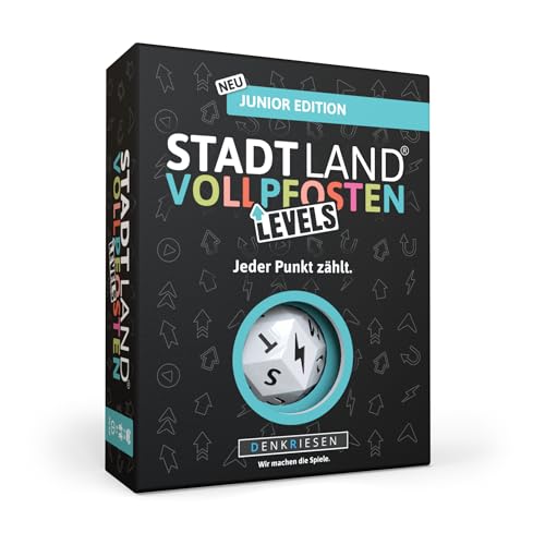 DENKRIESEN - Stadt Land Vollpfosten® Levels – Junior Edition - Jeder Punkt zählt.' | 60 Karten | Blitzwürfel | ab 12 Jahren | ca. 30-60min | 2-6 Spieler | Partyspiel | Reisespiel | Stadt Land Fluss von DENKRIESEN