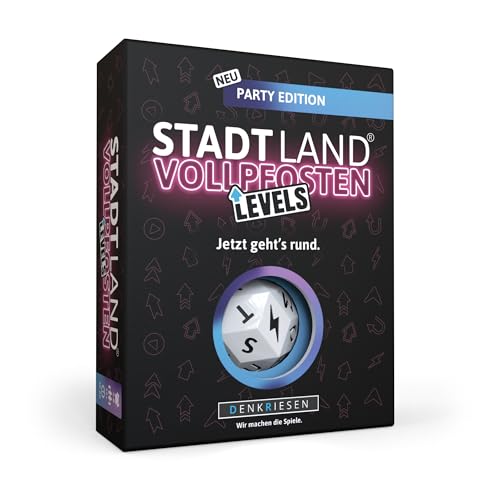 DENKRIESEN - Stadt Land Vollpfosten® Levels – Party Edition - Jetzt geht's rund.' | 60 Karten | Blitzwürfel | ab 8 Jahren | ca. 30-60min | 2-6 Spieler | Familiespiel| Reisespiel | Stadt Land Fluss von DENKRIESEN