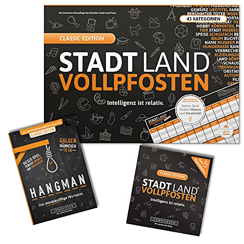 DENKRIESEN - Trio Classic Edition - Intelligenz ist relativ - Stadt Land VOLLPFOSTEN® - Spielblock + Kartenspiel + Hangman Galgenmännchen to GO von DENKRIESEN